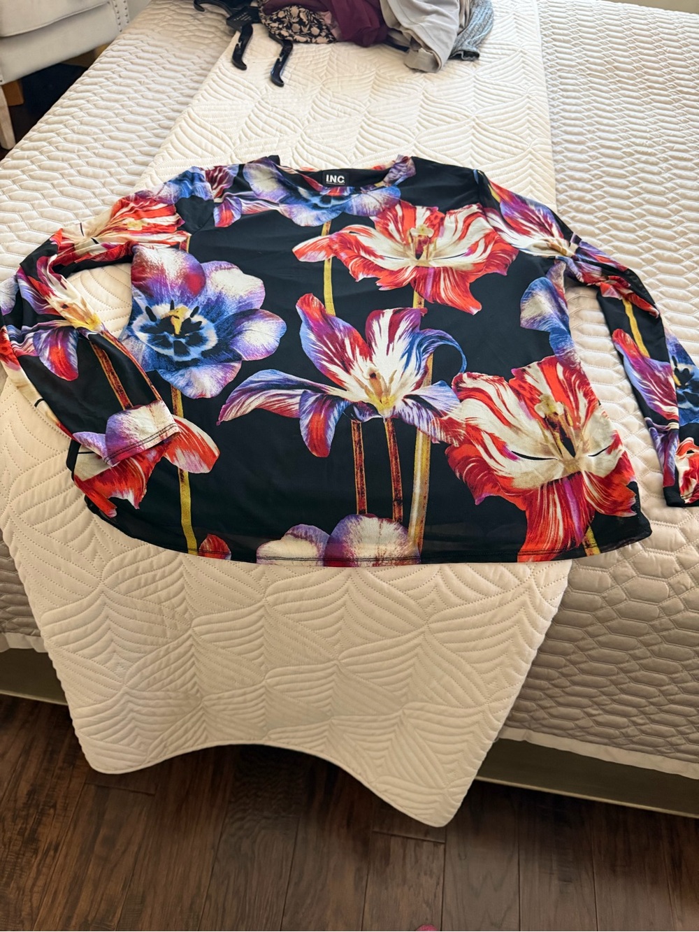 INC International Concepts Black Floral Tulip-Print Long Sleeve Top